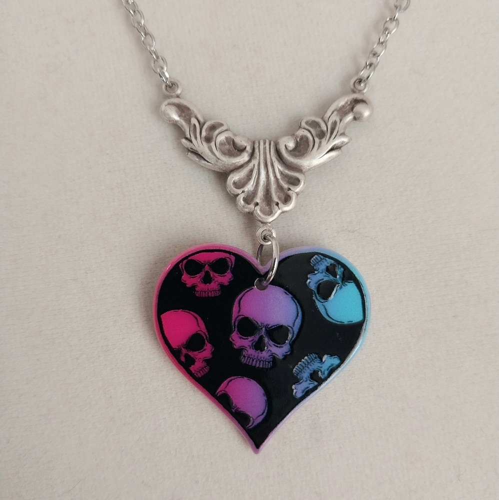 Goth bisexual skull heart filigree handmade necklace